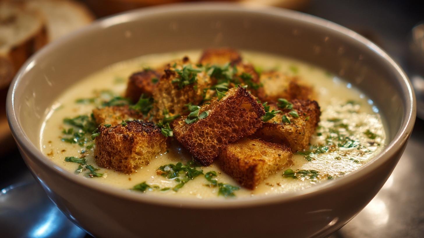 Hřejivá česneková polévka s bramborami, majoránkou a křupavými krutony. Rychlý postup krok za krokem