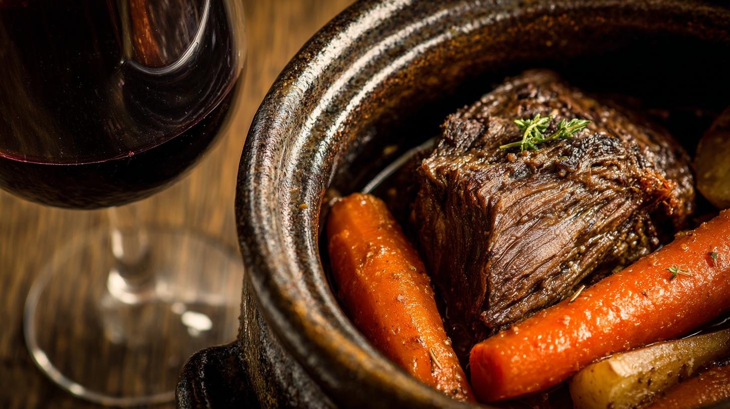 Pomalé hovězí: hovězí přední, mrkev a červené víno v hrnci. Servírování a malá tajemství Pomalé hovězí: hovězí přední, mrkev a červené víno v hrnci. Servírování a malá tajemství