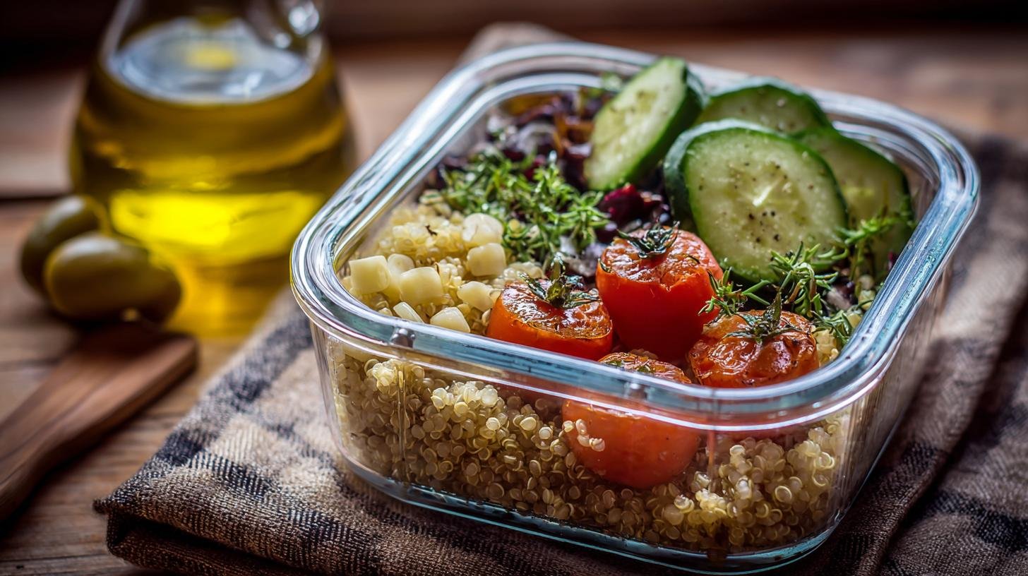 Zdravý oběd do práce: quinoa, zelenina a olivový olej. Rychlá příprava a chytré skladování