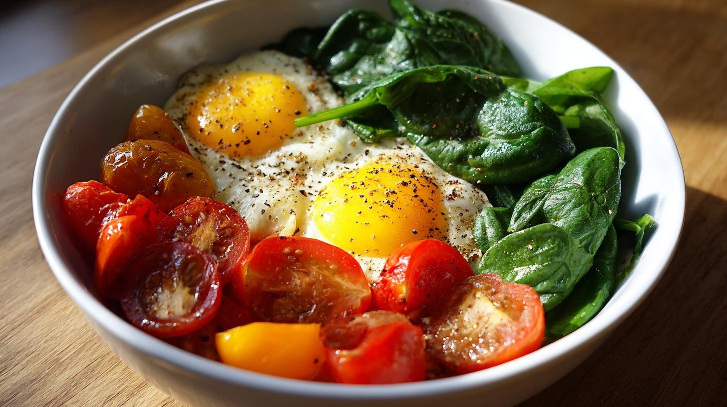 Špenát, vejce a rajčata – levná miska plná energie