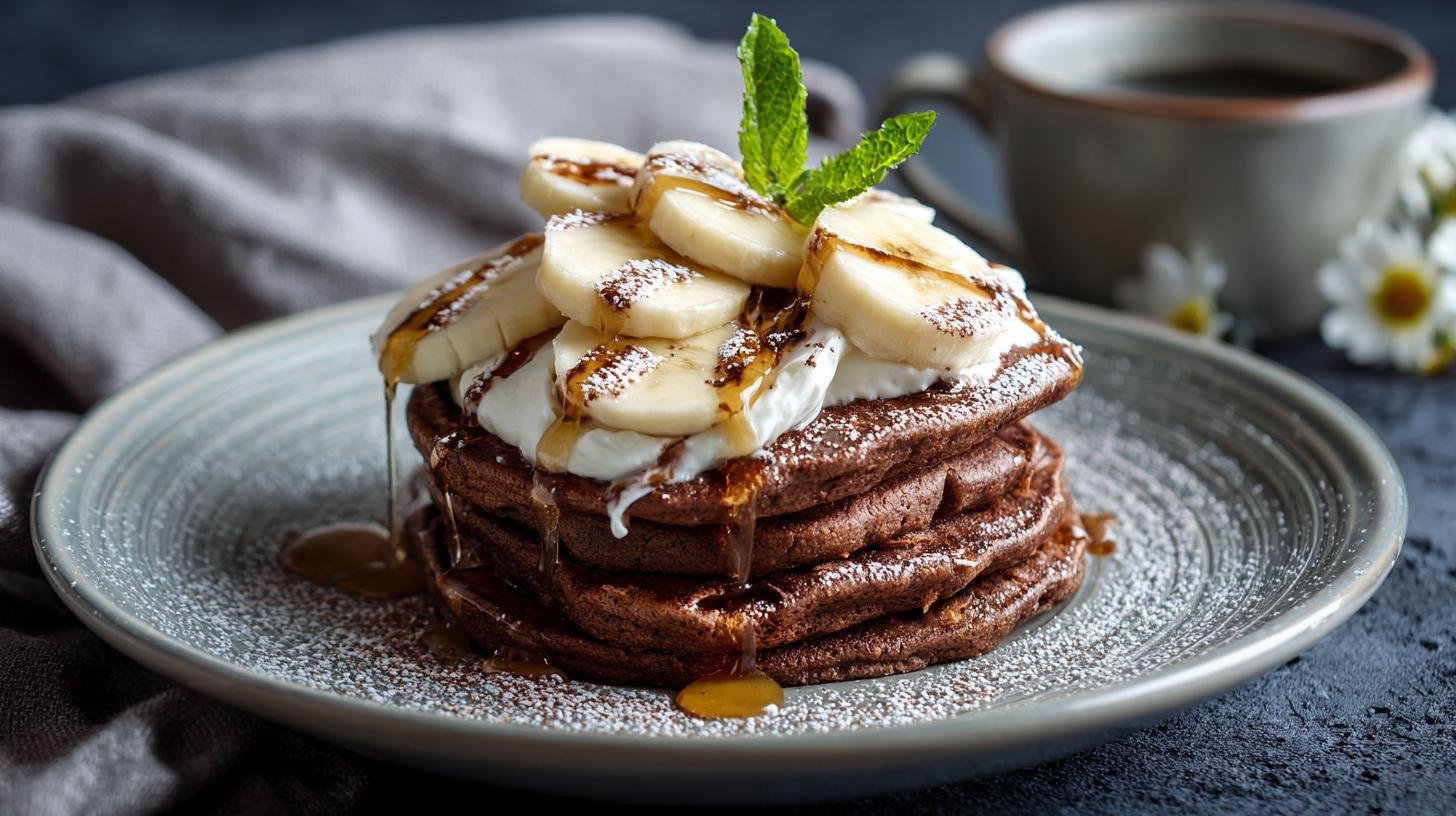 Kakaové lívance s banánem, medem a řeckým jogurtem. Servírování a malé variace