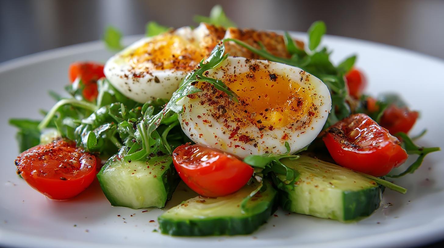 Křupavý rukolový salát s rajčaty, okurkou a vařeným vejcem. Proč si ho zamilujete