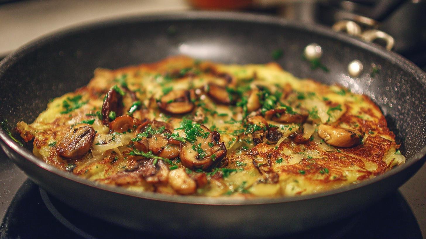 Bramborák s česnekem, majoránkou a restovaným žampiónem na pánvi. Krok za krokem na pánvi