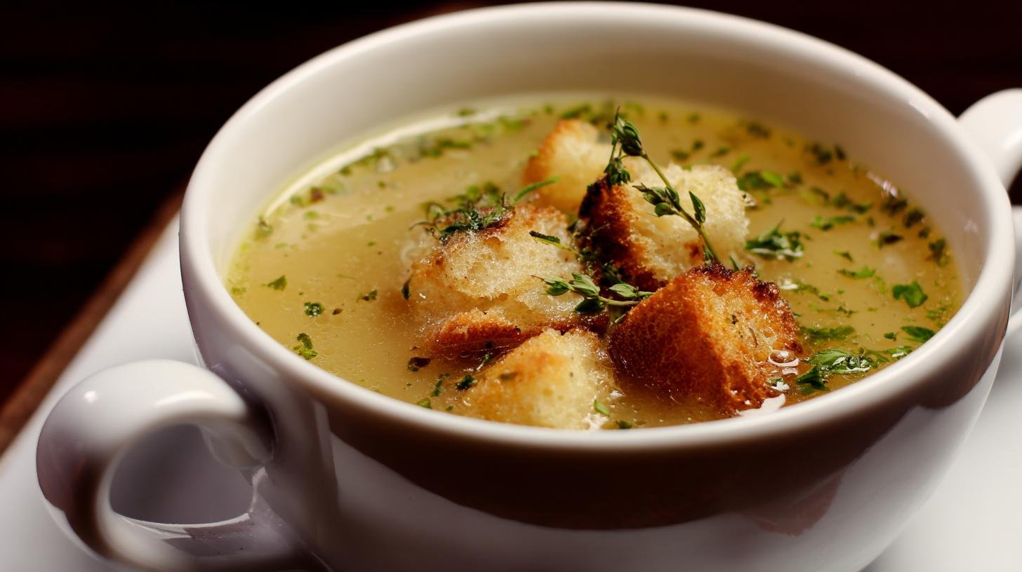 Hřejivá česneková polévka s bramborami, majoránkou a křupavými krutony