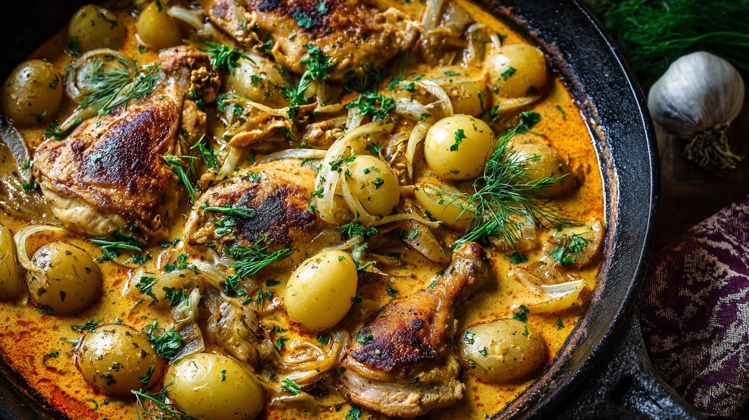 Smetanové kuře na paprice s bramborami a cibulí