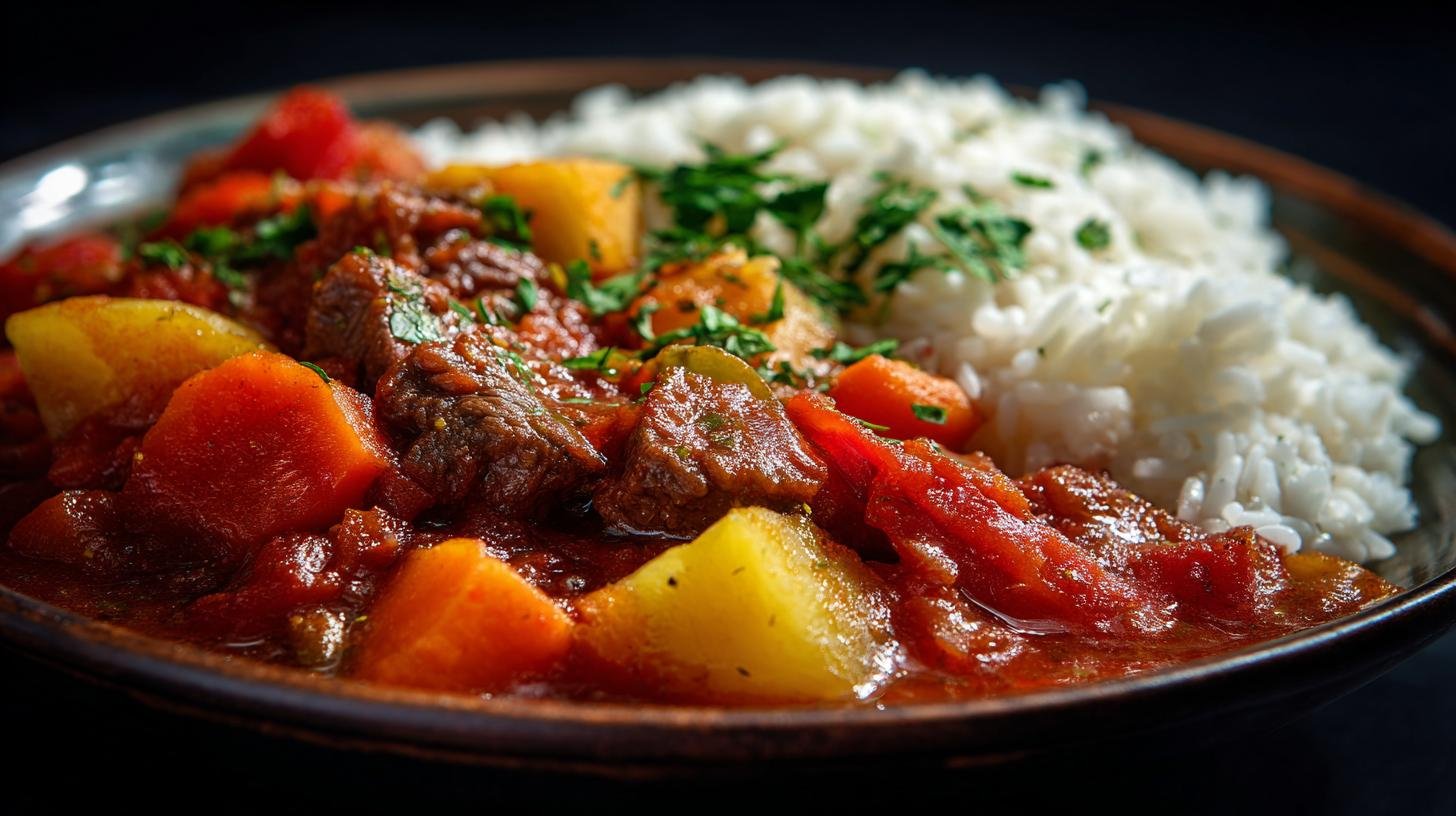 Rajská omáčka s hovězím masem, rýží a kořenovou zeleninou