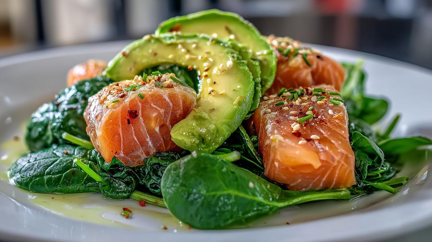 Avokádo, losos a špenát — salát, který snižuje chuť k jídlu