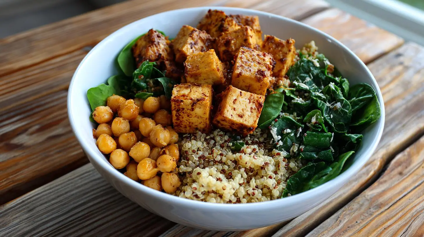 Proteinová miska: tofu, cizrna, quinoa a zelené listy