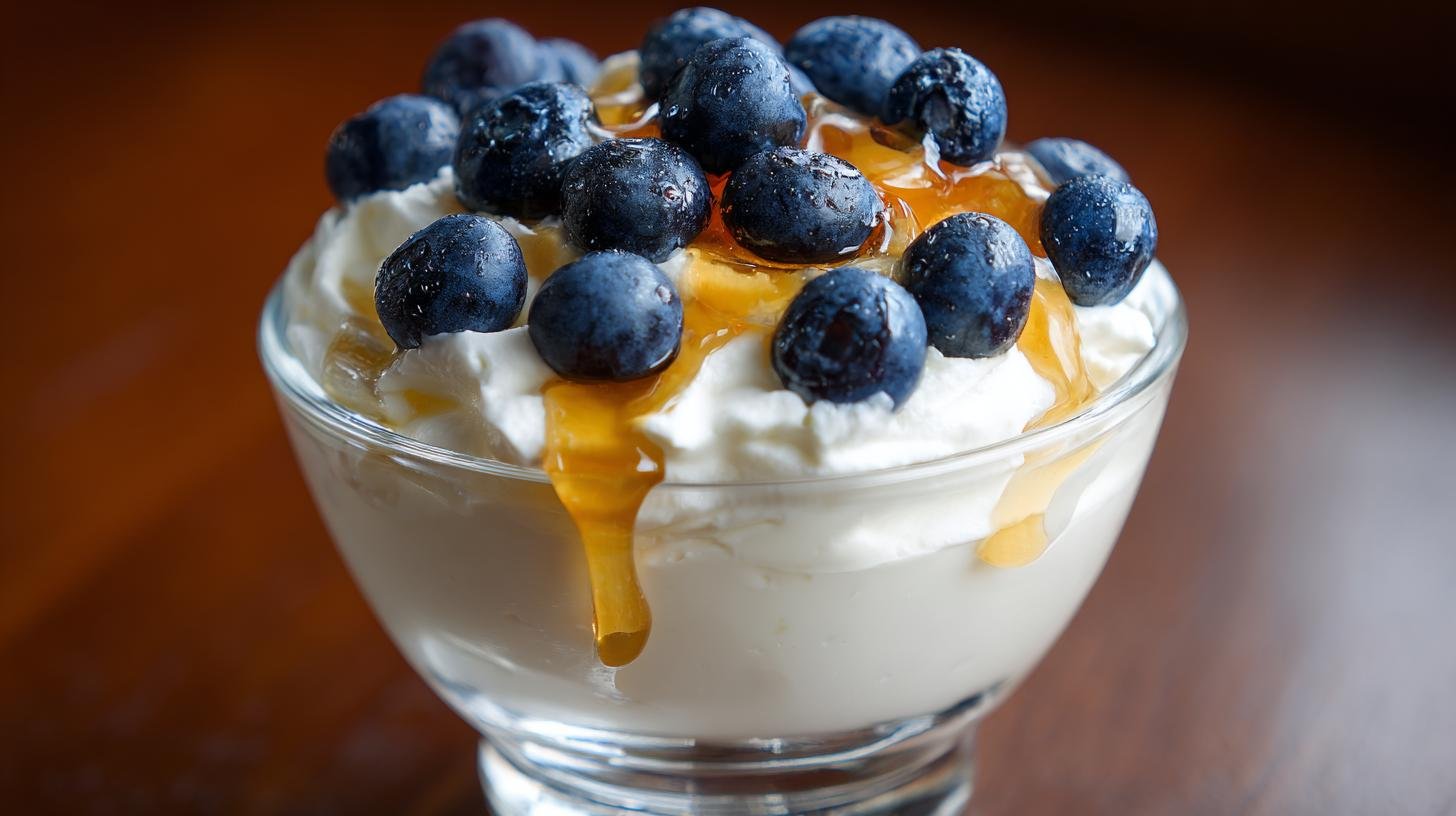 Jogurtový dezert: řecký jogurt, med a borůvky pro rychlou sladkost