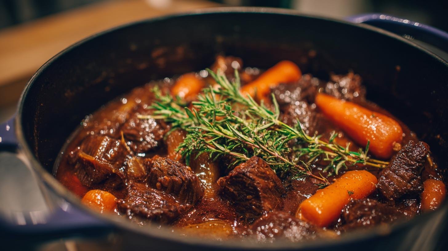 Pomalé hovězí: hovězí přední, mrkev a červené víno v hrnci 2 Pomalé hovězí: hovězí přední, mrkev a červené víno v hrnci