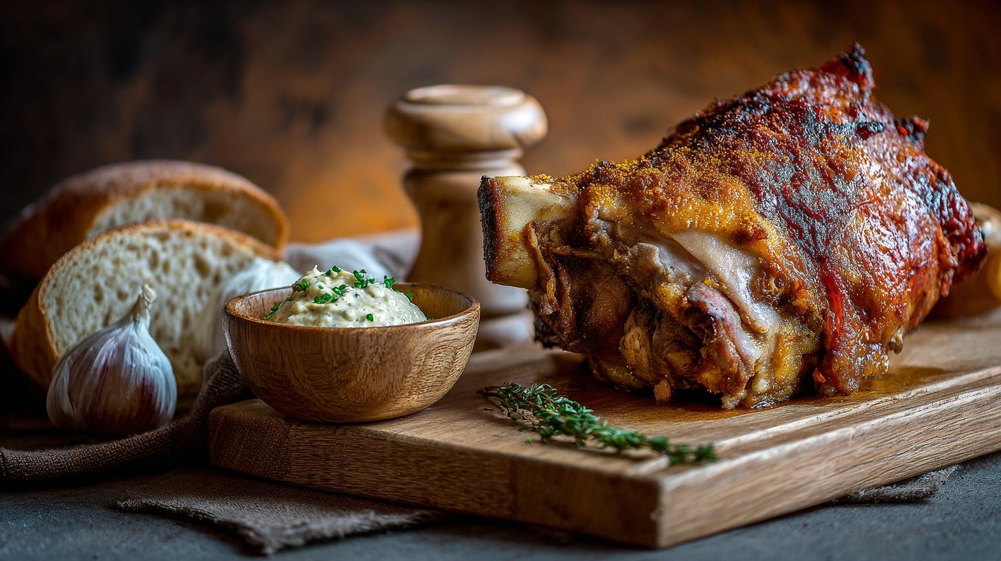 Pečené koleno s hořčicí, křenem a čerstvým chlebem. Tajemství křupavé kůrky