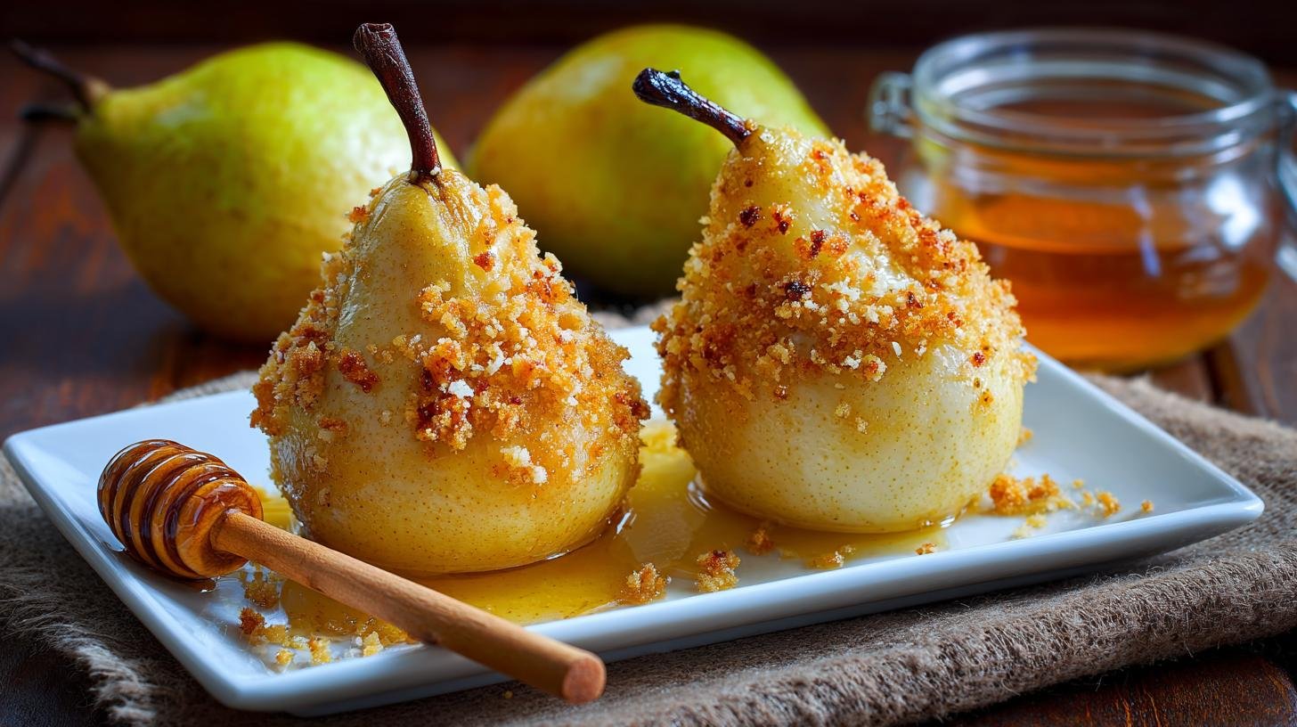 Pečené hrušky s medem a drobenkou pro rychlou voňavou svačinu. Servírování a variace