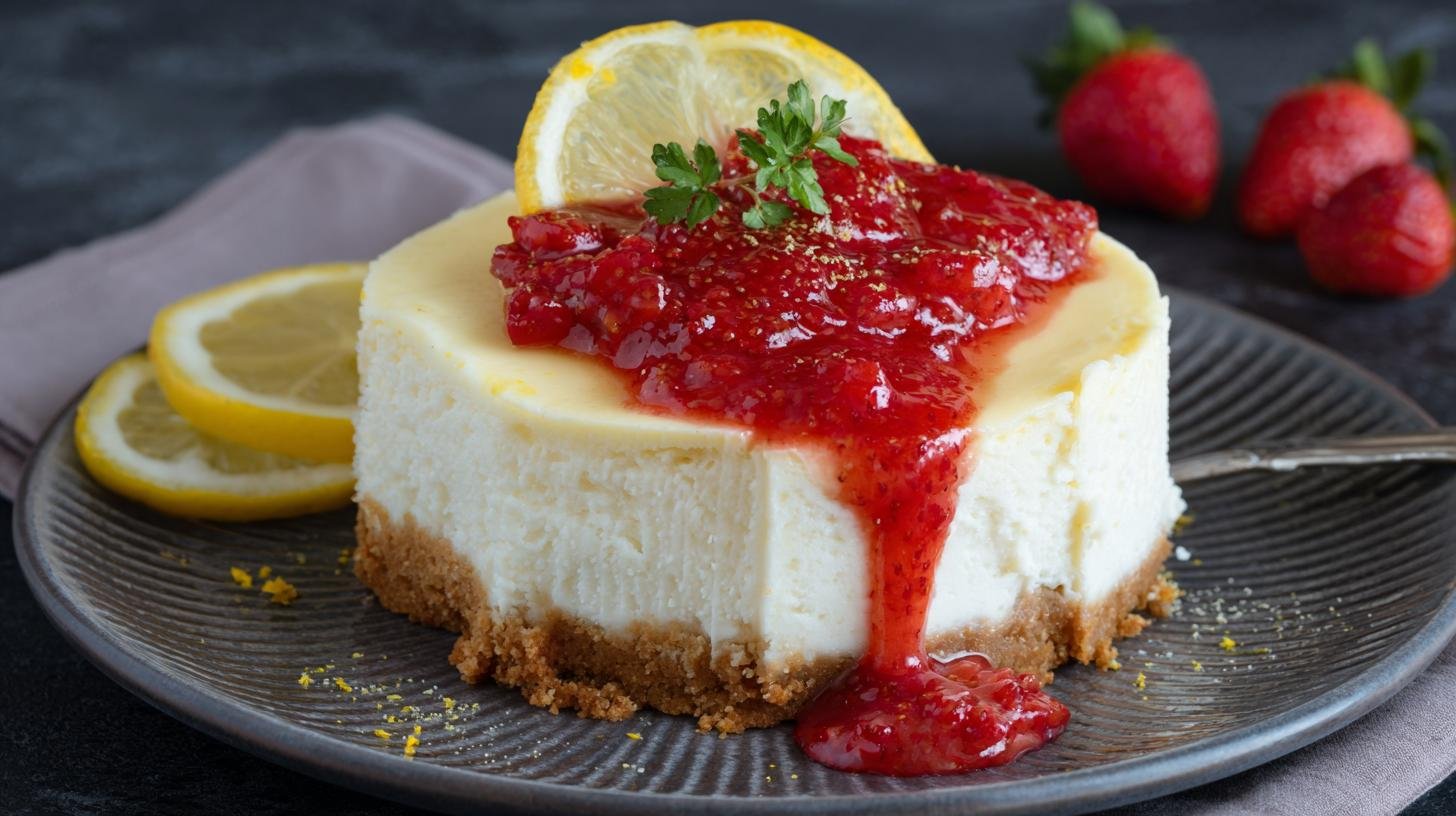 Krémový cheesecake s tvarohem, citronem a jahodovým přelivem. Servírování a malé finále