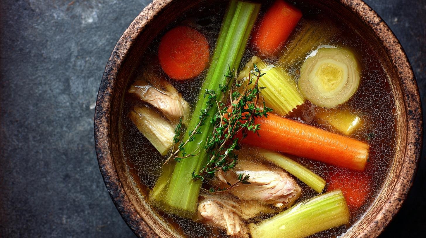 Kuřecí vývar z kosti: kuře, celer a mrkev pro lék na nachlazení