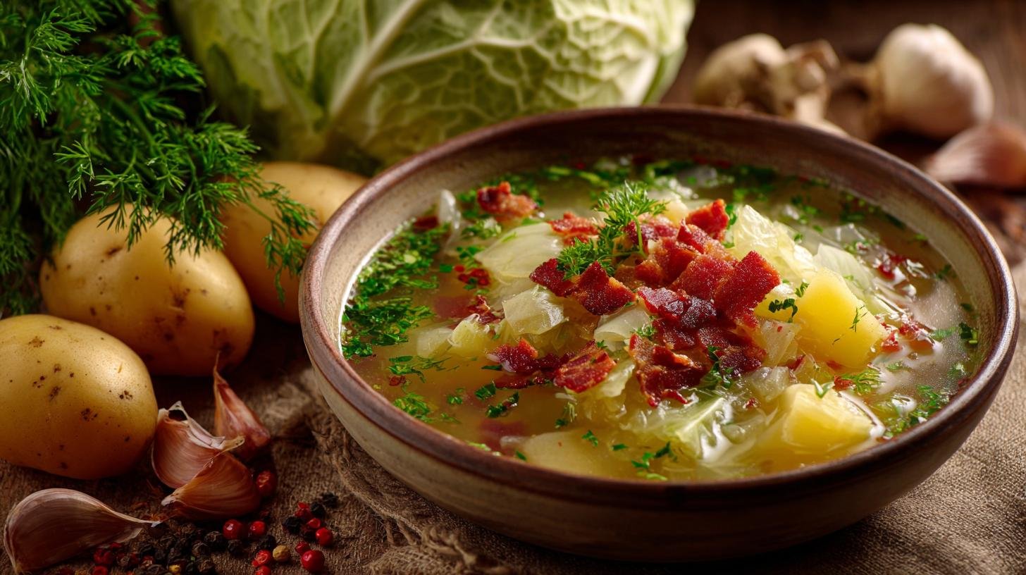 Kapustová polévka s bramborami, česnekem a slaninovou chutí. Ingredience a chytrý nákup