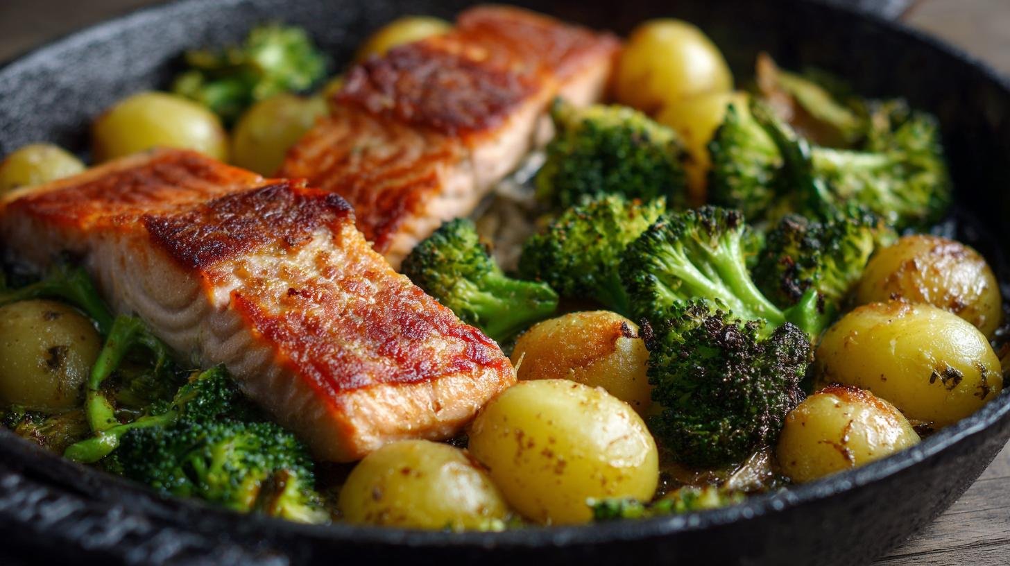 minutový oběd: losos, brambory a brokolice na pánvi. Postup na pánvi