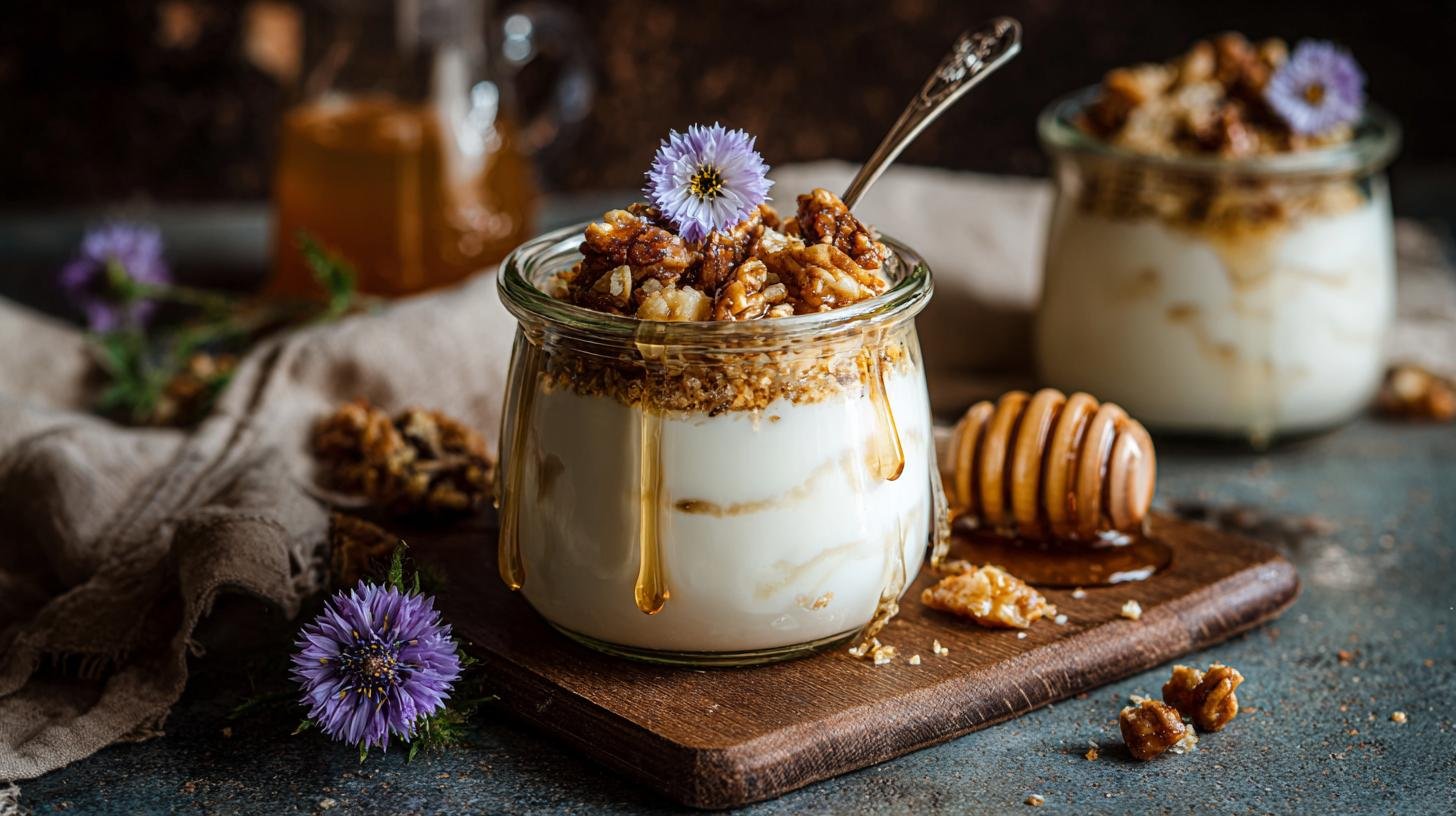 Sladký nepečený krém z jogurtu, medu a ořechů do skleničky
