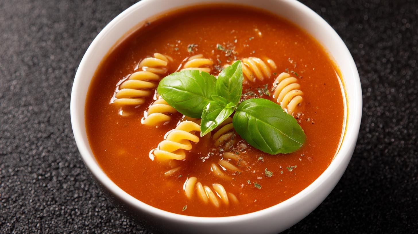 Rychlá rajčatová polévka s bazalkou a těstovinami pro děti. Ingredience a rychlý přehled