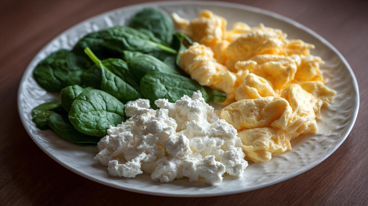 Proteinový talíř: vejce, špenát a cottage