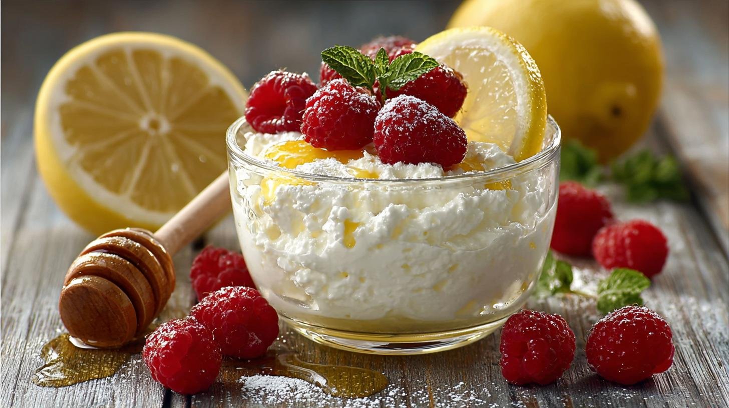 Lehký tvarohový dezert s medem, citronem a čerstvými malinami