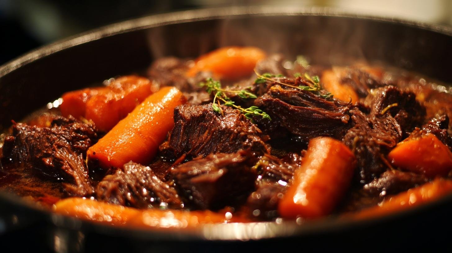 Pomalé hovězí: hovězí přední, mrkev a červené víno v hrnci. Proč pomalé vaření mění maso Pomalé hovězí: hovězí přední, mrkev a červené víno v hrnci. Proč pomalé vaření mění maso
