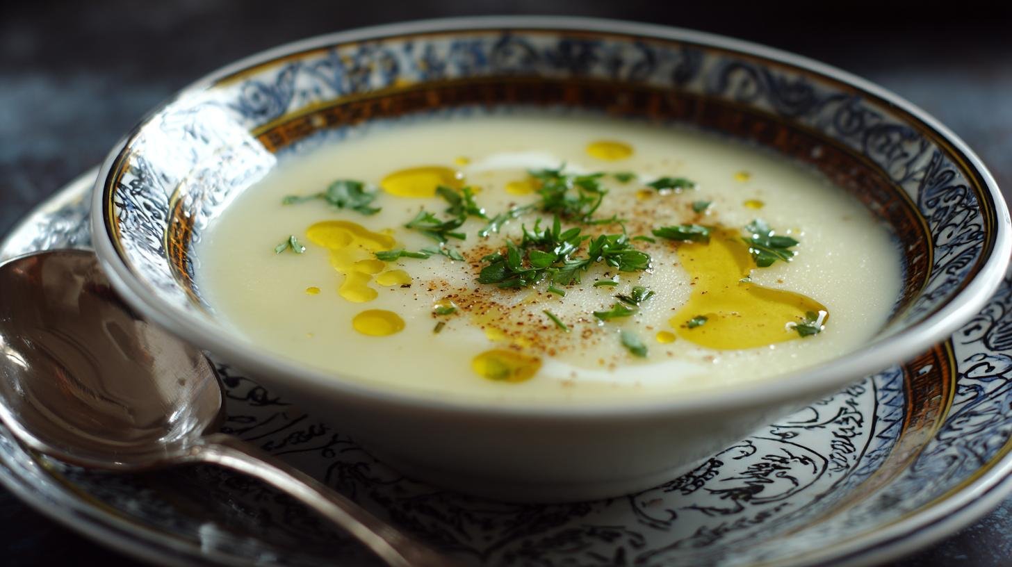 Krémová polévka z brambor, smetany a másla pro chladné večery. Servírování a nálada večera