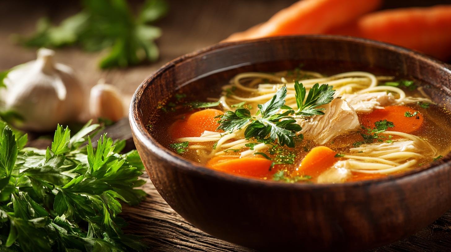 Silný kuřecí vývar s mrkví, nudlemi a čerstvou petrželí. Ingredience a rychlý přehled
