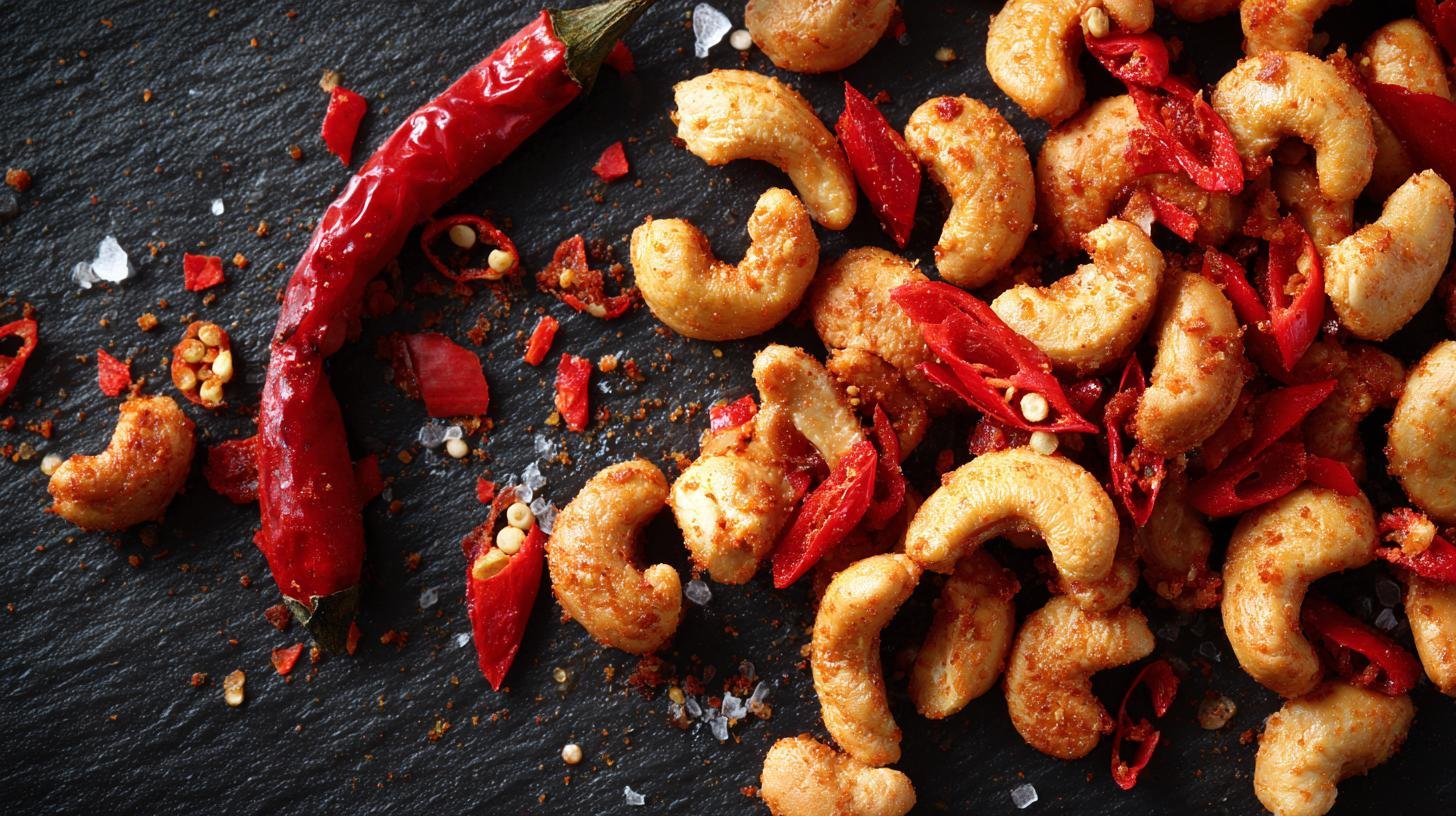 Pikantní oříšky kešu, chilli a sůl jako odvážný snack. Variace a servírování
