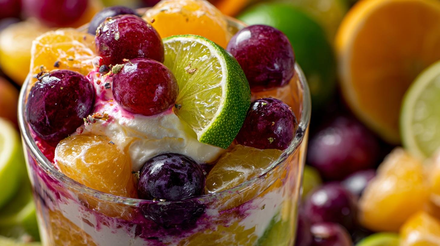Studený ovocný pohár s hrozny, citrusy a smetanou