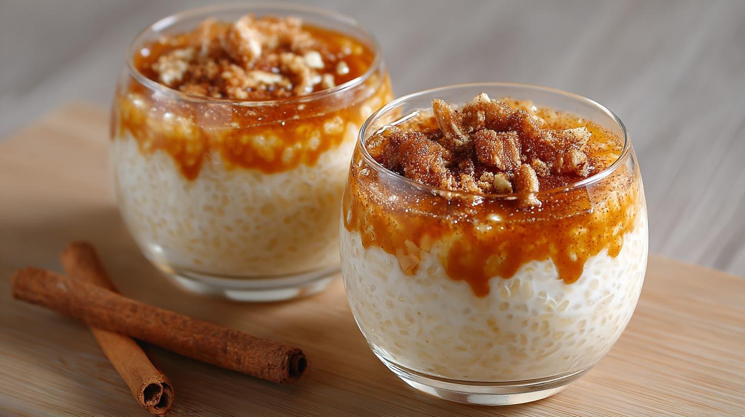 Puding z rýže s kokosovým mlékem, vanilkou a karamelem. Postup