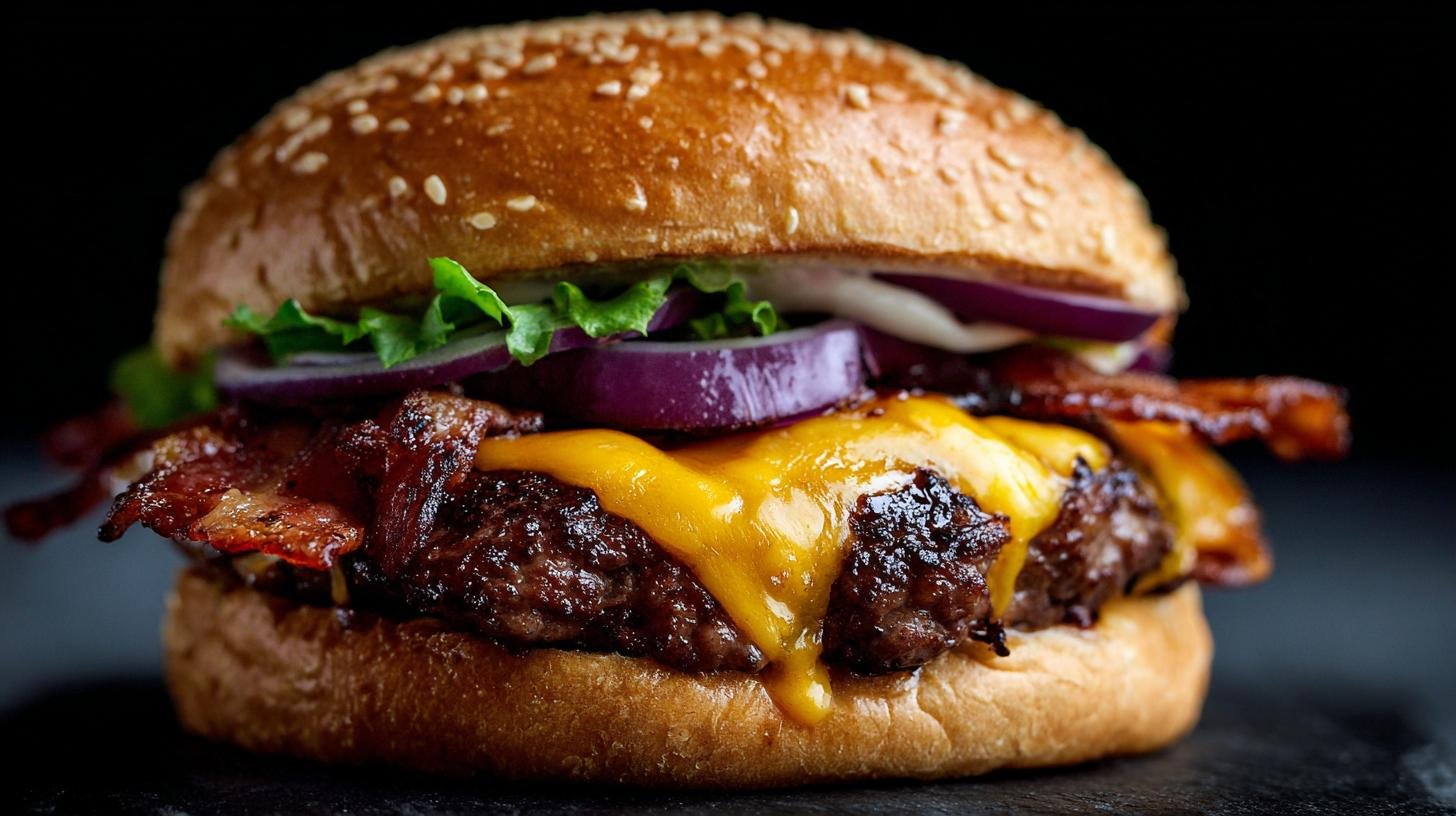 Klasický burger: hovězí maso, slanina a cheddar bez omáček 4 Klasický burger: hovězí maso, slanina a cheddar bez omáček