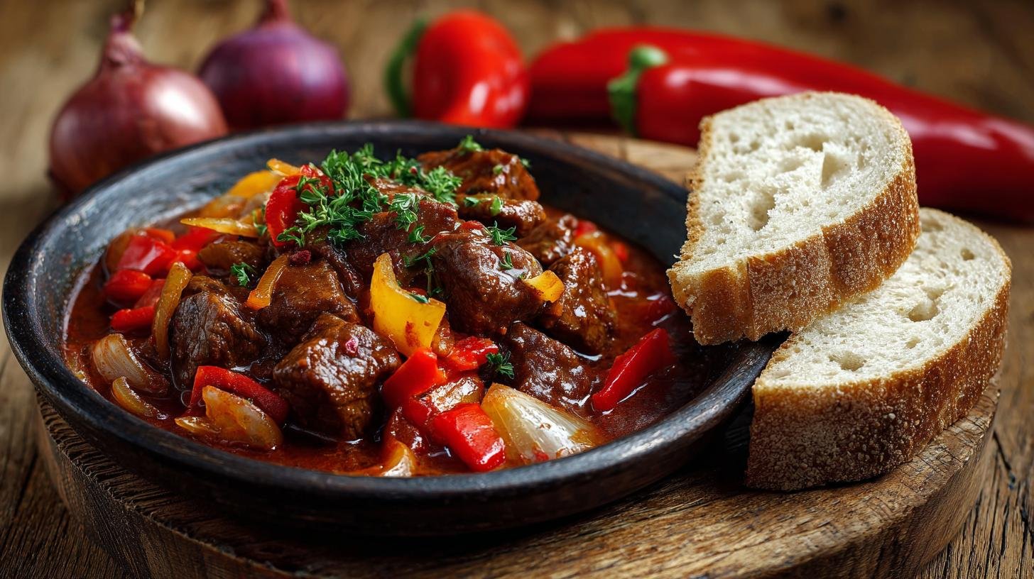 Guláš z hovězího masa s cibulí, paprikou a chlebem
