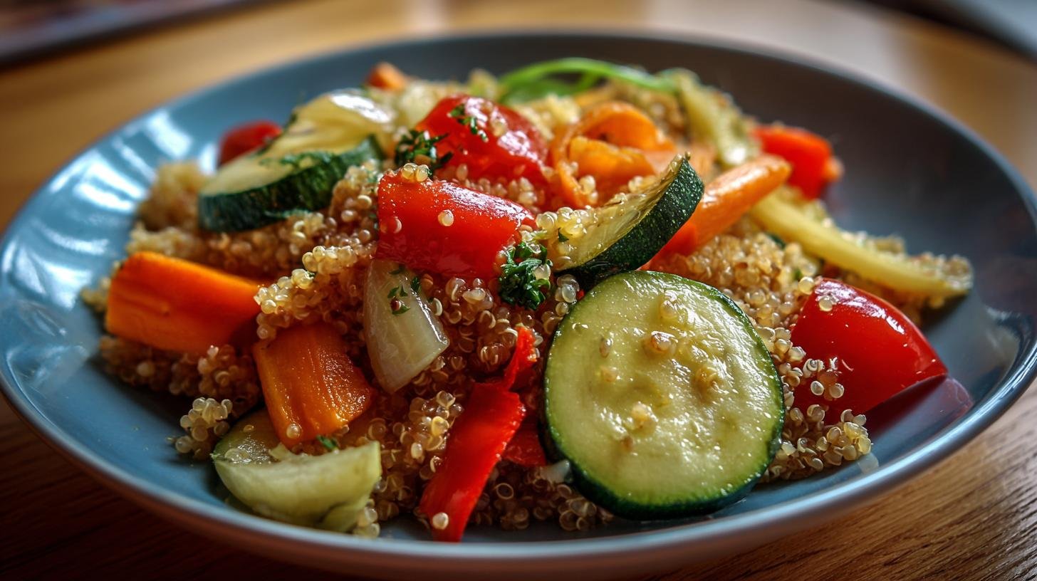 Zdravý oběd do práce: quinoa, zelenina a olivový olej. Jednoduchý recept na 1 porci
