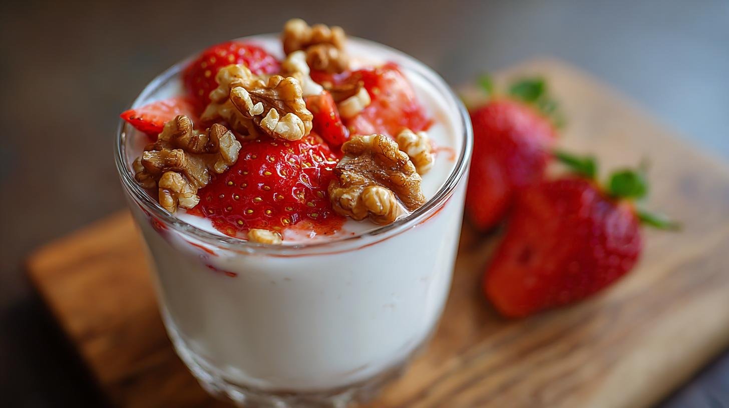 Bez cukru: domácí jogurt s ořechy a čerstvými jahodami