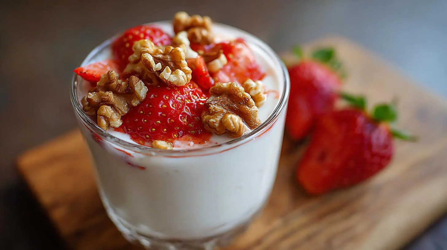 Bez cukru: domácí jogurt s ořechy a čerstvými jahodami