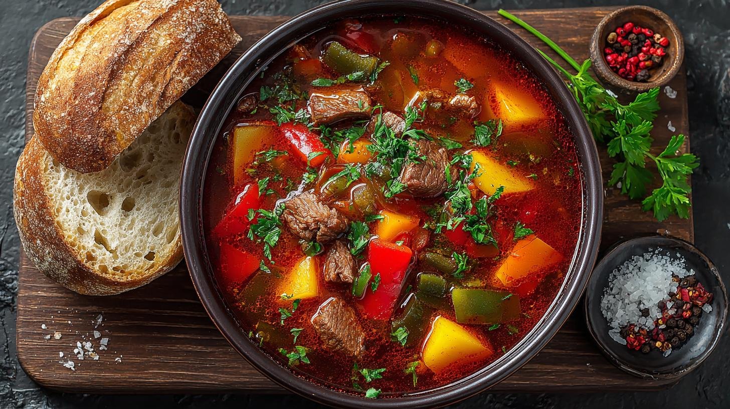 Gulášová polévka s hovězím a paprikou, rychlá a sytá. Postup krok za krokem