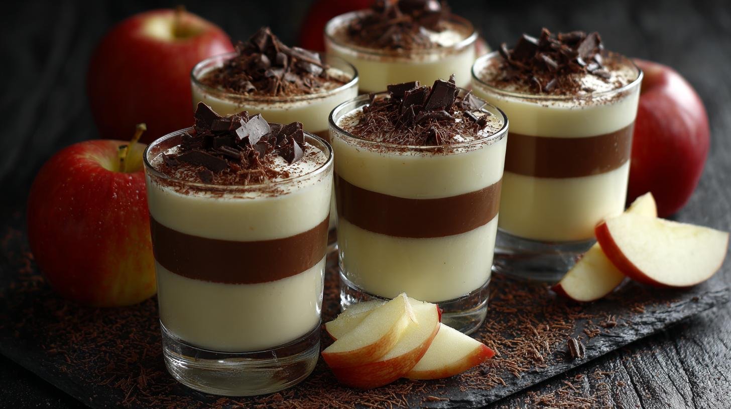 Smetanový pohár s čokoládou a jablky jako rychlá dobrota. Rychlý postup krok za krokem