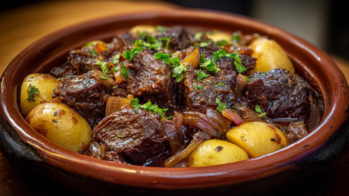 Hovězí na cibuli s bramborami pomalé a měkké