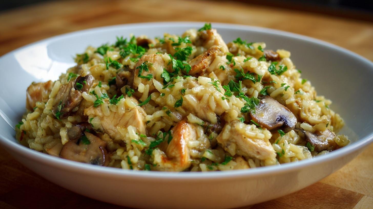 Kuřecí rizoto s houbami a parmezánem, snadné a chutné. Triky pro intenzivní chuť