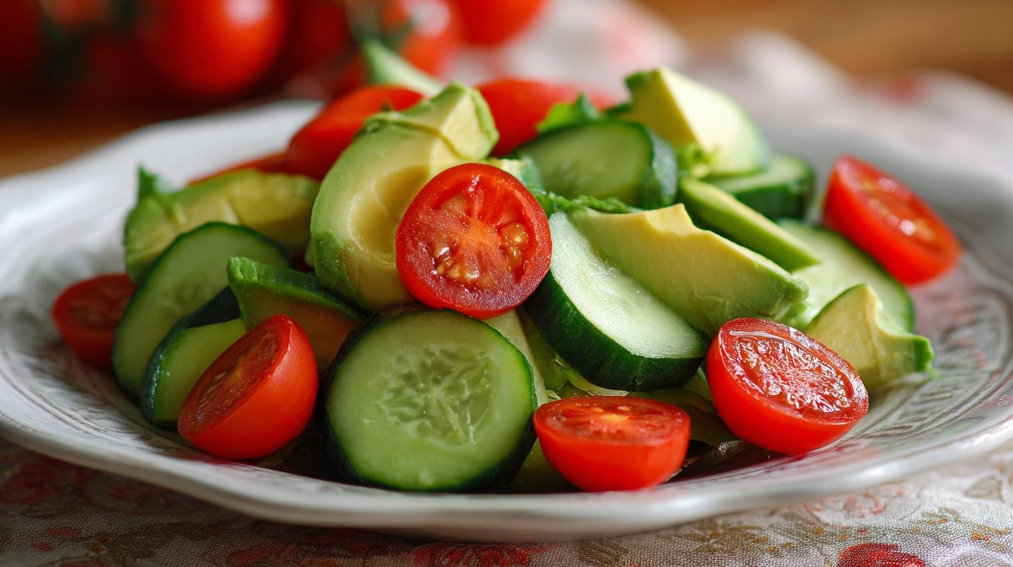 Salát s avokádem, okurkou a cherry rajčaty, rychlé a zdravé jídlo