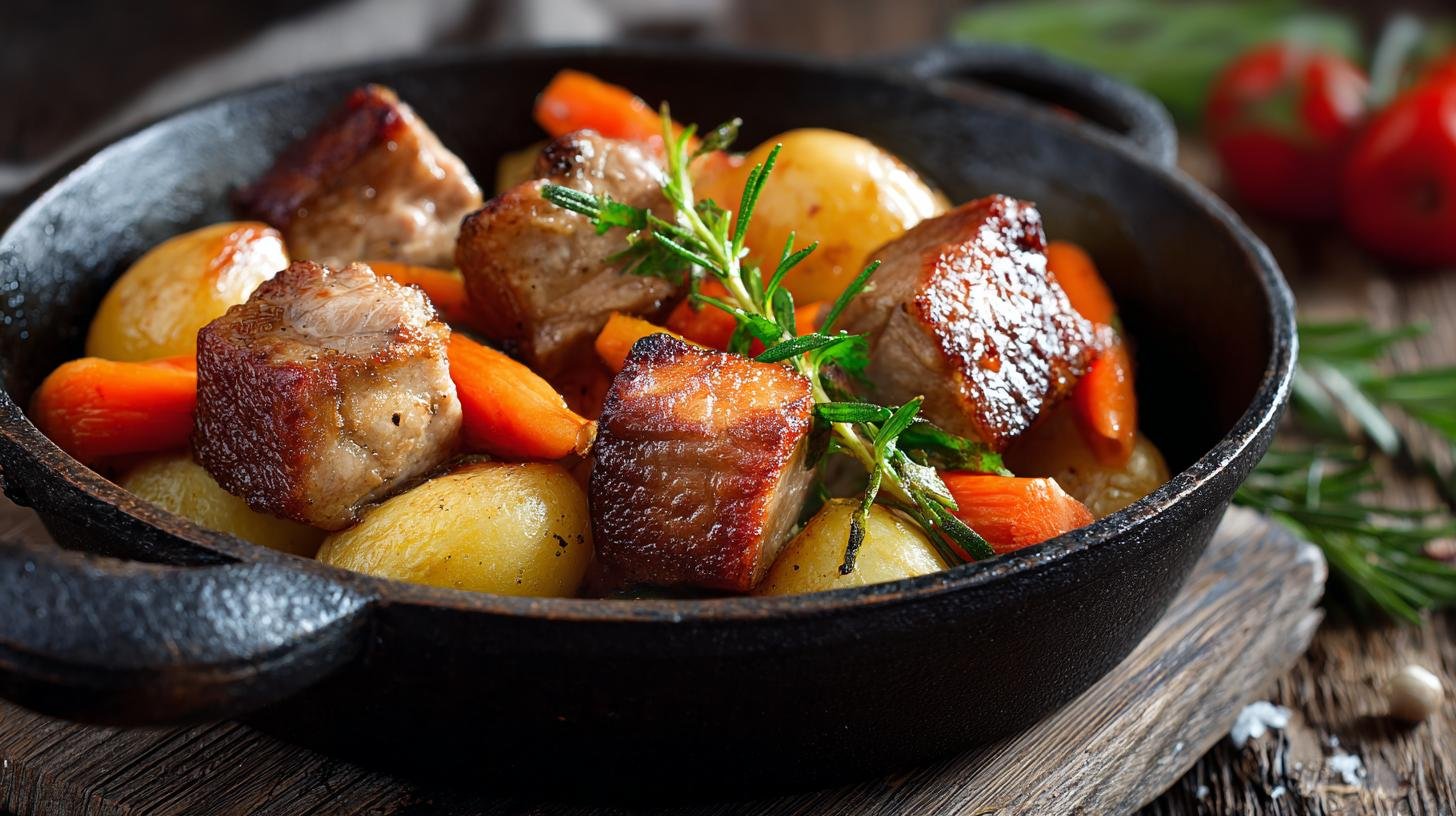 Pečené vepřové kostky s bramborami a mrkví bez zdlouhavé práce. Jednoduchý postup krok za krokem