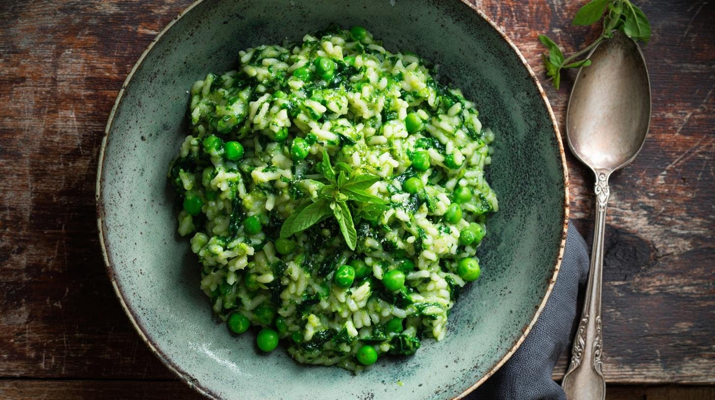 Špenátové rizoto s hráškem a snadným způsobem úspory času. Rychlé finále a skladování