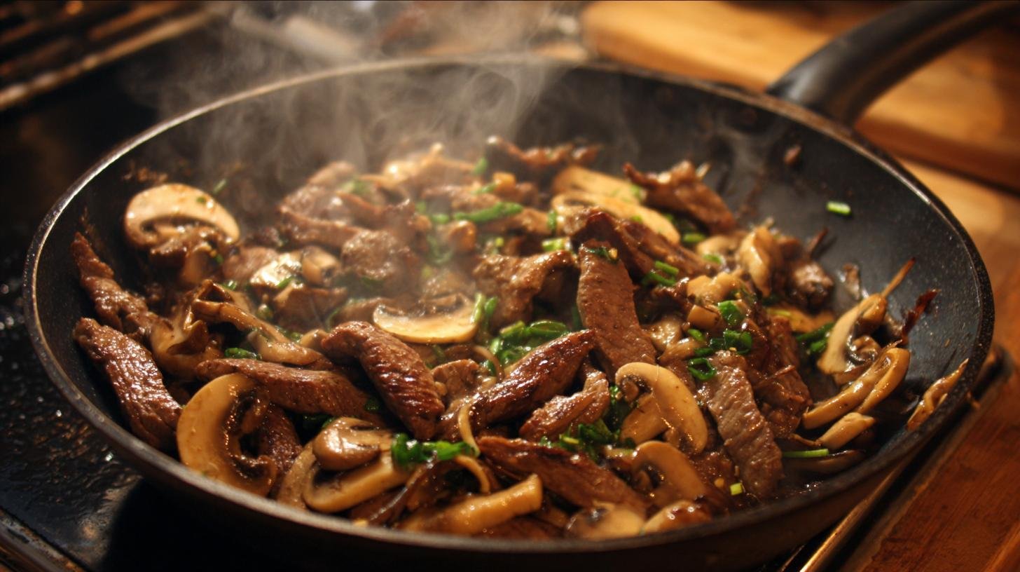 Vepřové nudličky s houbami rychlé z jedné pánve