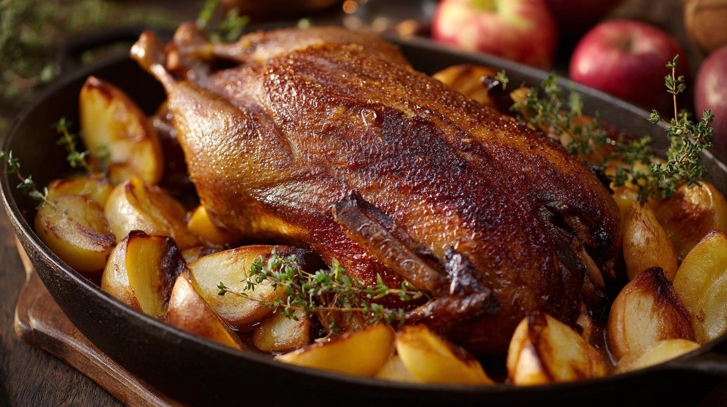 Pečená kachna s jablky a tymiánem, šťavnatá rodinná večeře
