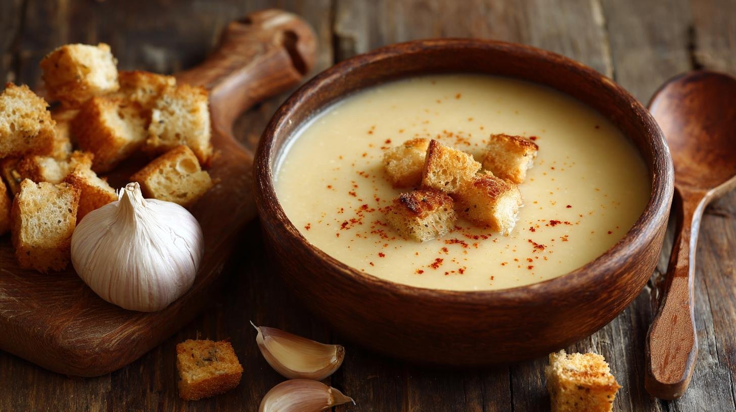 Česneková polévka s krutony rychlá domácí vzpruha. Ingredience a rychlý nákup