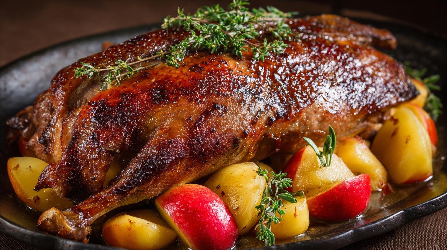Pečená kachna s jablky a tymiánem, šťavnatá rodinná večeře. Ingredience a chytré tipy