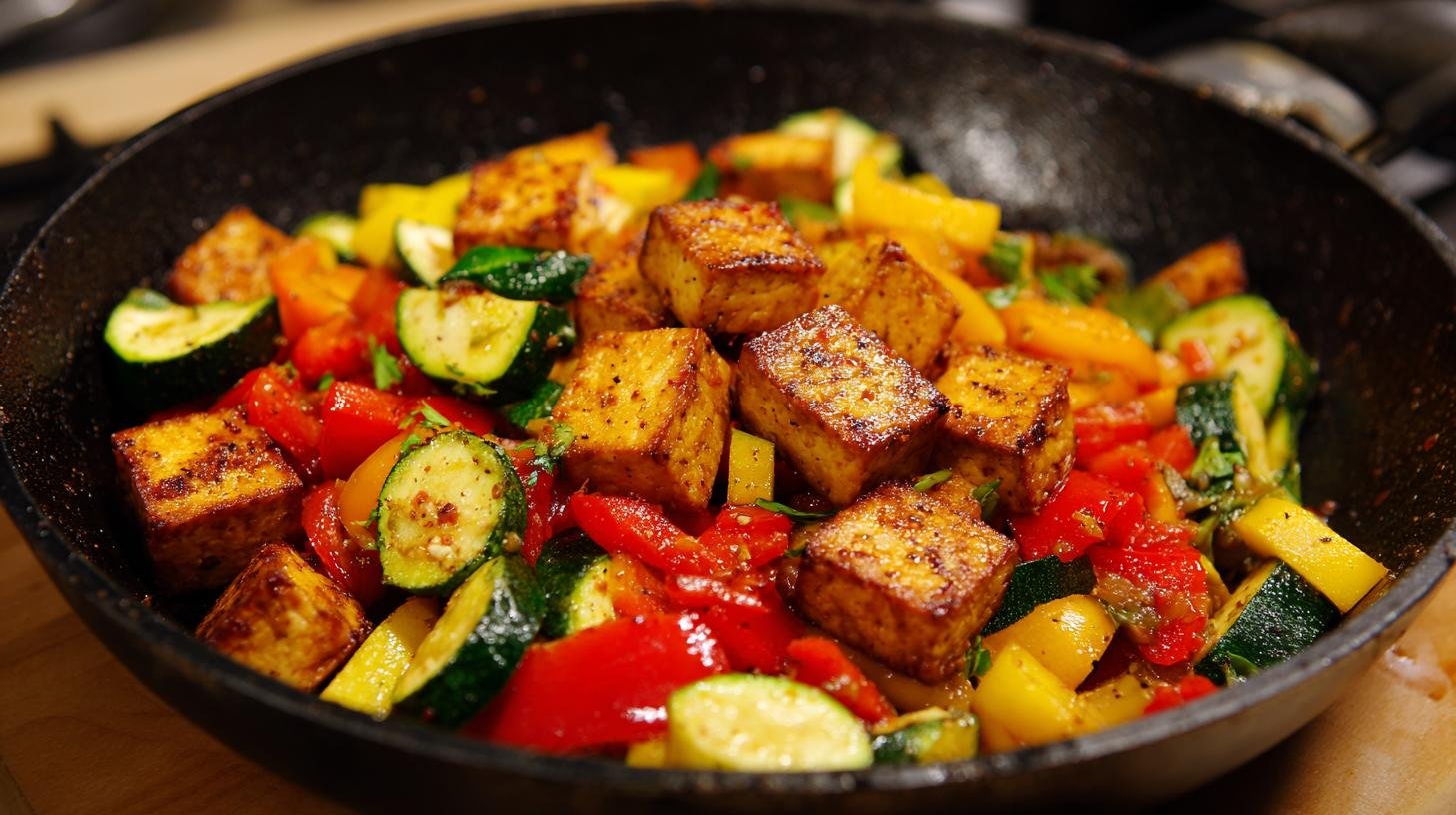 Zeleninová pánev s tofu a jistým způsobem bez připečení. Proč tahle metoda funguje