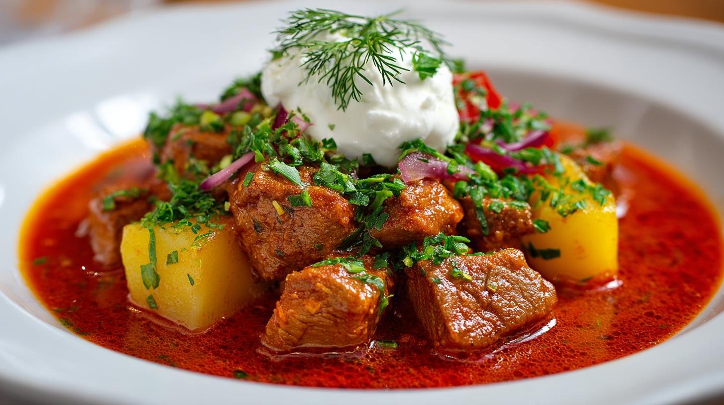 Segedinský guláš s vepřovým a způsobem pro měkké maso. Servírování a tajné detaily pro wow efekt