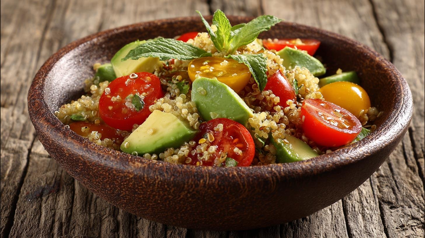 Quinoa salát s avokádem a cherry rajčaty, rychlá a zdravá volba. Rychlý nutriční přehled Quinoa salát s avokádem a cherry rajčaty, rychlá a zdravá volba. Rychlý nutriční přehled