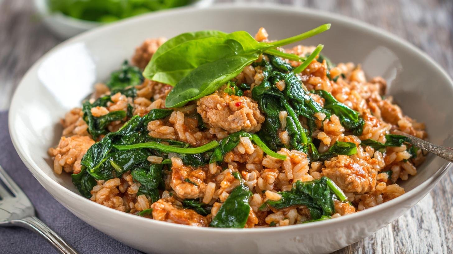 Krůtí směs s rýží a špenátem jako rychlé rodinné jídlo. Rychlý postup krok za krokem